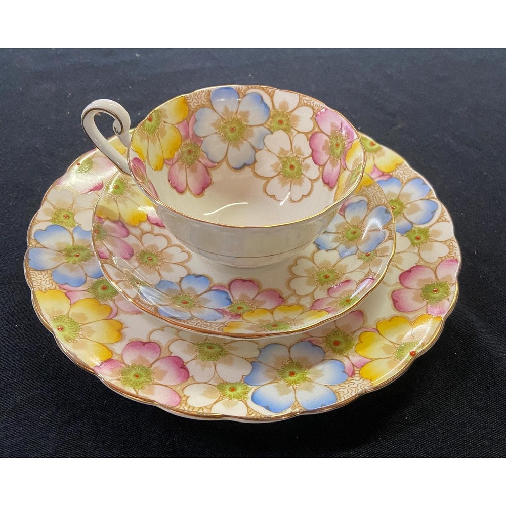 Victoria Bone China England Annette 3PC Tea Cup & Saucer Trio Collectible